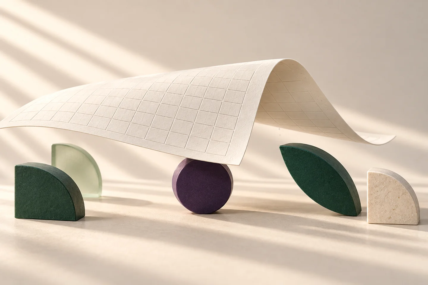 Une feuille quadrillée repose sur un seul disque violet, entourée de formes séparées.